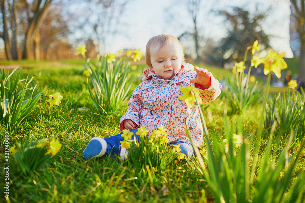 One year old girl sitting on the grass with yellow narcissi One year old girl sitting on the grass with yellow narcissi