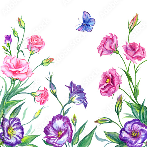 Eustoma flowers, watercolor illustration on white background, floral square card, background for design.