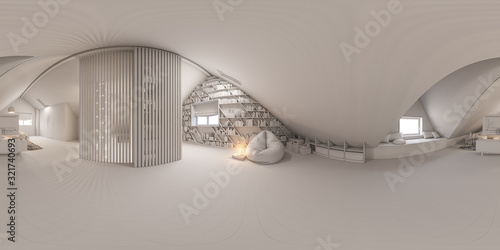 3d illustration 360 spherical panorama interior design lounge area of the attic floor in a private cottage