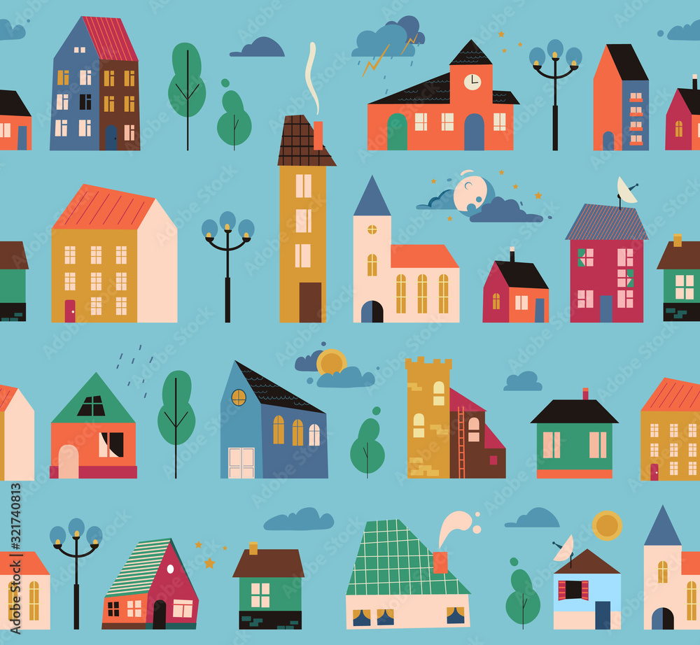 Vector patten with small tiny houses, trees and clouds.
