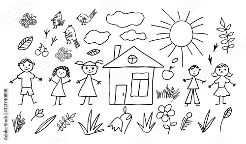 Set of Hand drawn Kids summer icons. Doodle style. Vector objects from a child's life. 