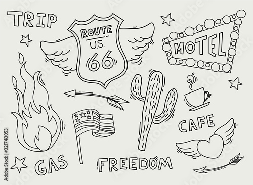 Route 66 Sketch. Set of Symbol and Sticker