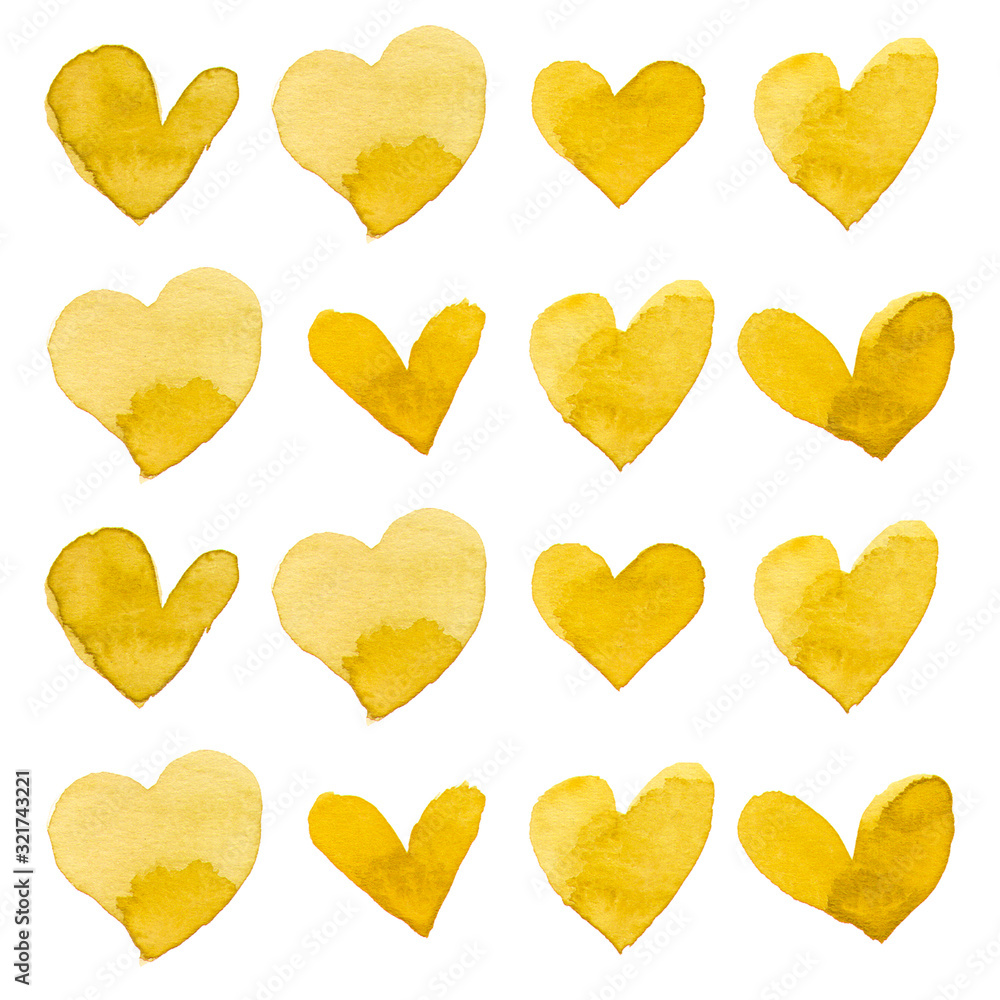 Watercolor illustration of yellow hearts for Valentine's day card set
