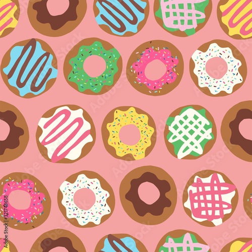 Vector seamless repeat pattern with colourful colorful donuts doughnuts with sprinkles and icing lined up in rows on a peach pink background