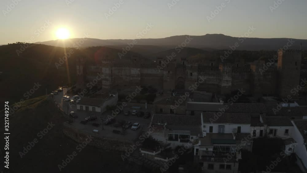 Castillo de Bury Al-Hammam in Banos de la Encina La Mancha province Spain old medieval castle with 14 towers from the air Castillo de Bury Al-Hammam in Banos de la Encina La Mancha province Spain old medieval castle with 14 towers from the air