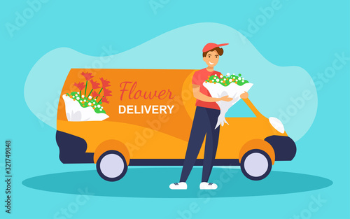Flowers delivery service. Man courier standing in front of a van and holding bouquet.