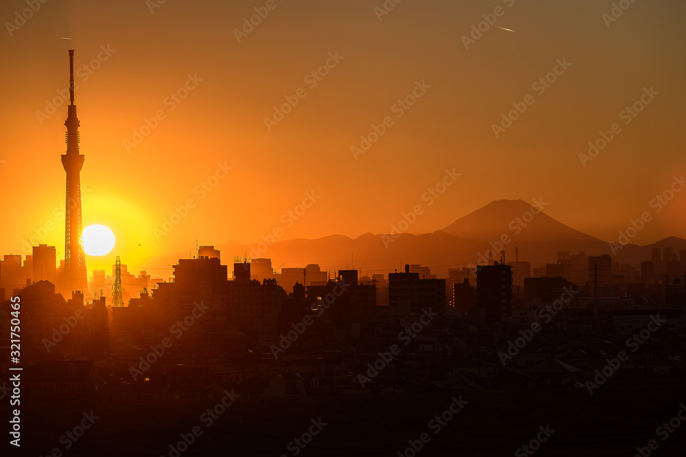 Sunset on the city of Tokyo with Sky tree tower and mount Fuji