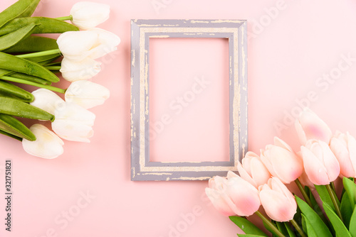 Happy Women's Day, Mother's Day concept. top view flat lay photo frame and Tulip flower © sorapop