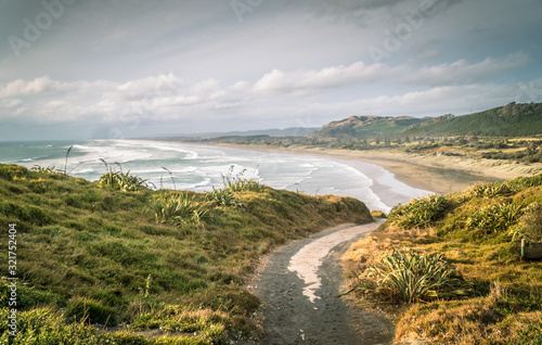 View looking North to Murawai Beach With Winding Path in the Foreground, in Auckland New Zealand photo