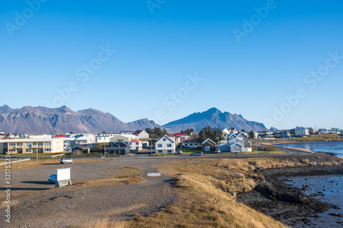 View over town of Hornafjordur in south Iceland
