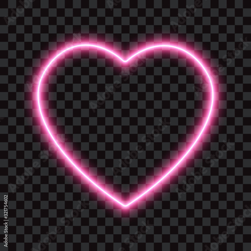Pink neon heart on dark transparent background, vector illustration.
