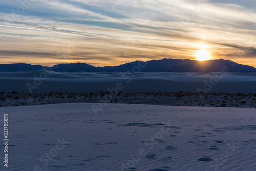 Landscape view of the sunset in White Sands National Park near Alamogordo  New Mexico.