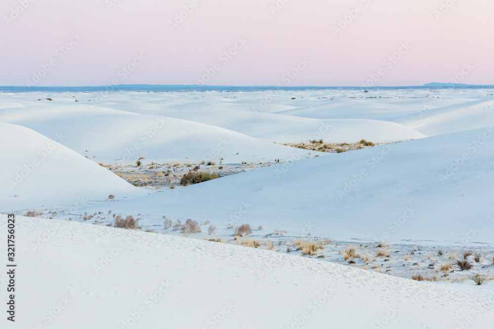 Landscape view of the sunrise in White Sands National Park near Alamogordo, New Mexico.