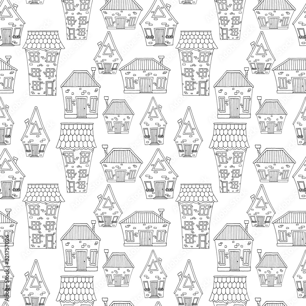 seamless pattern with black and white linear fairytale houses, wallpaper ornament, wrapping paper