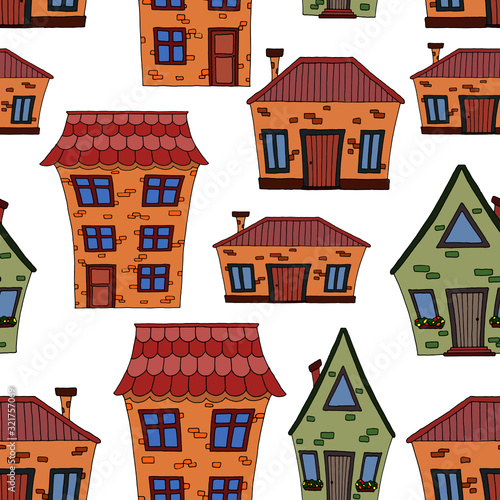 seamless pattern, fairytale houses in pastel colors, wallpaper ornament, wrapping paper
