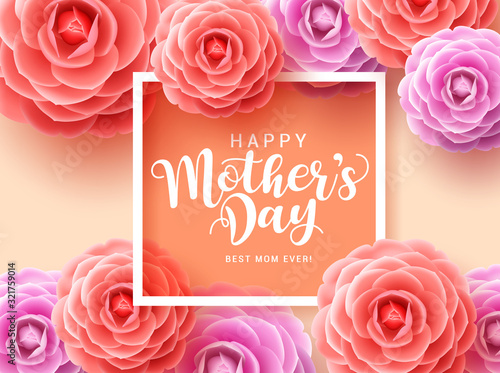 Mother's day vector greetings card design. Happy mother's day typography for mothers with colorful camellia flowers and white frame in orange background. Vector illustration.