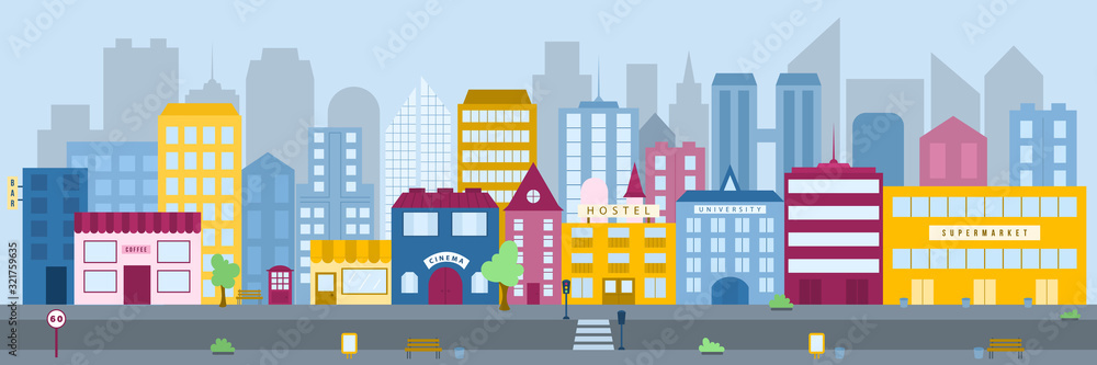 Panorama of the city with flat style vector buildings. Town buildings, skyscrapers and cityscapes in the metropolis. A multi-coloured buildings structure in a densely populated dictrict of the city.
