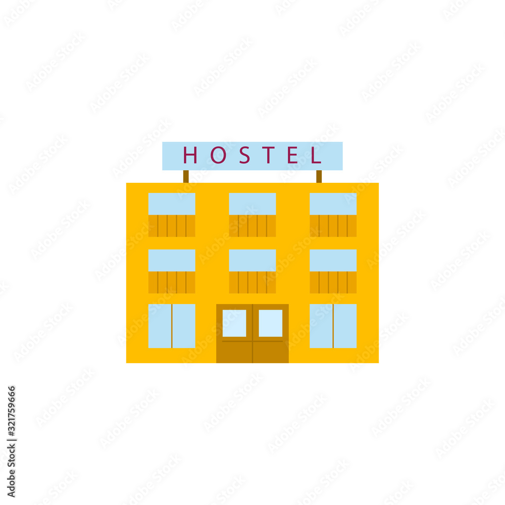 UI icon of building at vector flat styleillustration. The facade of a square building with a hotel sign, isolated on a white background. Vector image of three-storey yellow residental building. UI icon of building at vector flat styleillustration. The facade of a square building with a hotel sign, isolated on a white background. Vector image of three-storey yellow residental building.