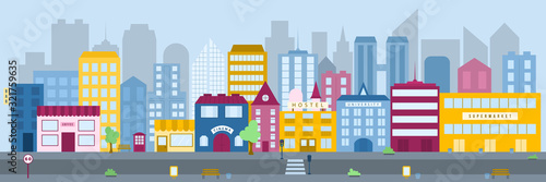 Panorama of the city with flat style vector buildings. Town buildings, skyscrapers and cityscapes in the metropolis. A multi-coloured buildings structure in a densely populated dictrict of the city.