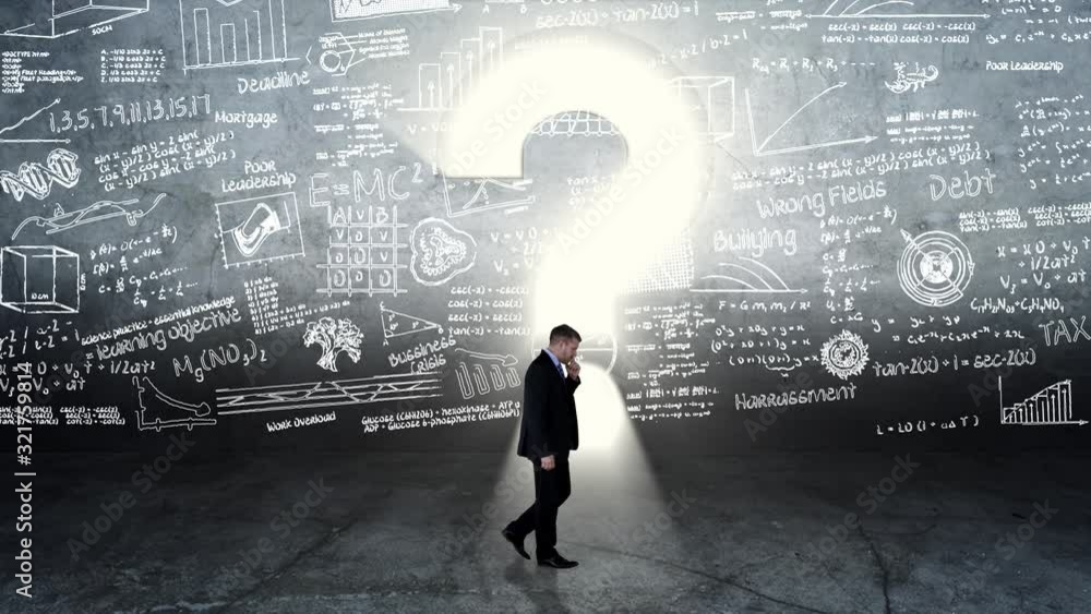 Confused businessman near a question mark symbol Confused businessman near a question mark symbol