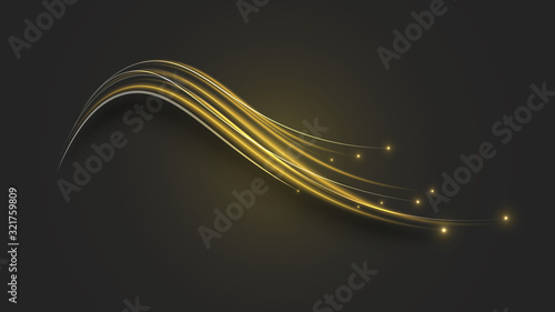 Golden neon glowing curves strewn with sparks