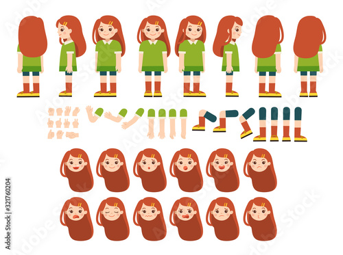 Mascot creation kit of little girl for different poses . Vector constructor with various views, emotions, poses and gestures. Schoolgirl character creation set.