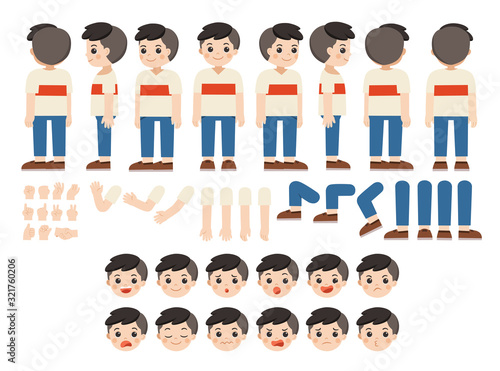 Mascot creation kit of little boy for different poses . Vector constructor with various views, emotions, poses and gestures. Schoolboy character creation set.