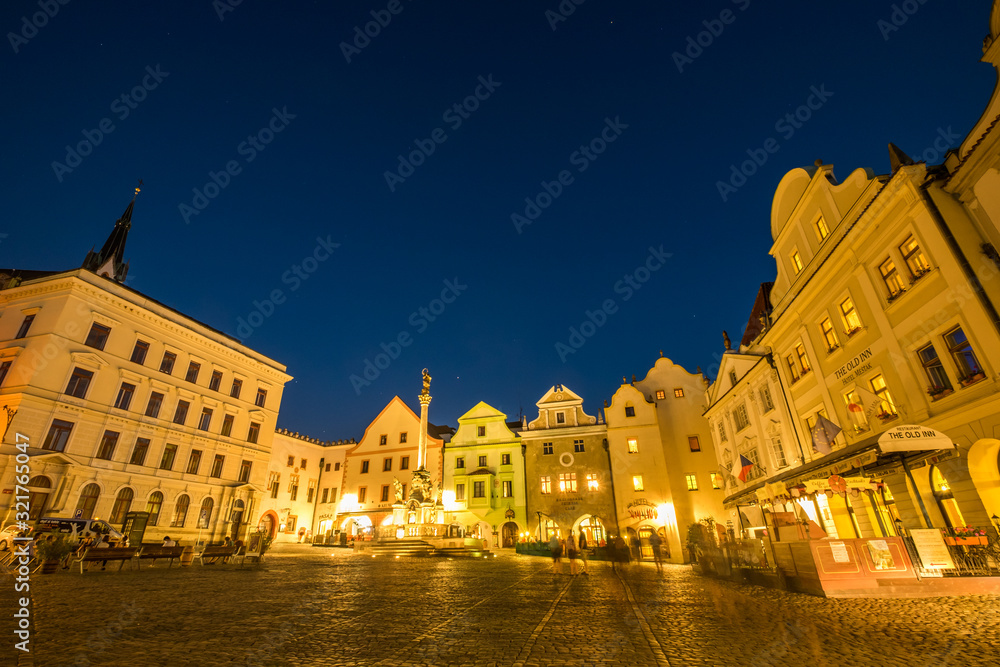 Medieval buildings around town square in the evening, Cesky Krumlov, Czech Republic