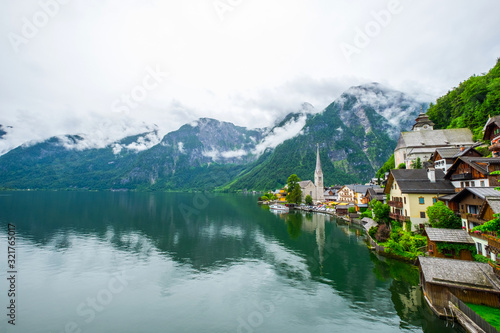 view of famous Hallstatt mountain village with Hallstaetter Lake in the Austrian Alps, region of Salzkammergut, Austria