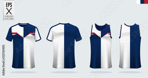 T-shirt sport mockup template design for soccer jersey, football kit. Tank top for basketball jersey and running singlet. Sport uniform in front view and back view.  Vector art Illustration.