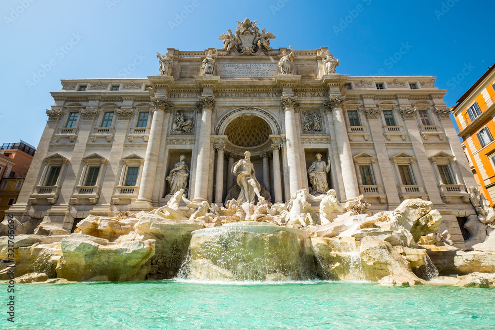 Trevi Fountain (Fontana di Trevi) in Rome in Summer day with very blue sky - Italy