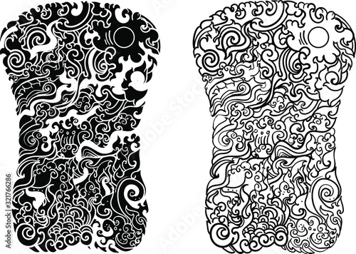 Line Thai water wave design for tattoo.Japanese wave for tattoo background.Line Thai is Thailand Style and Tattoo design.