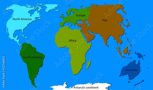 continents of the planet beak with names and different colors on the blue