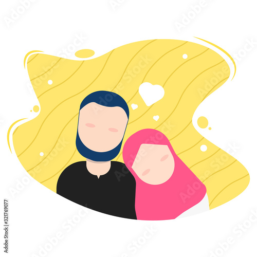 Illustration of islamic muslim couple in love. Romantic man and woman illustration. 