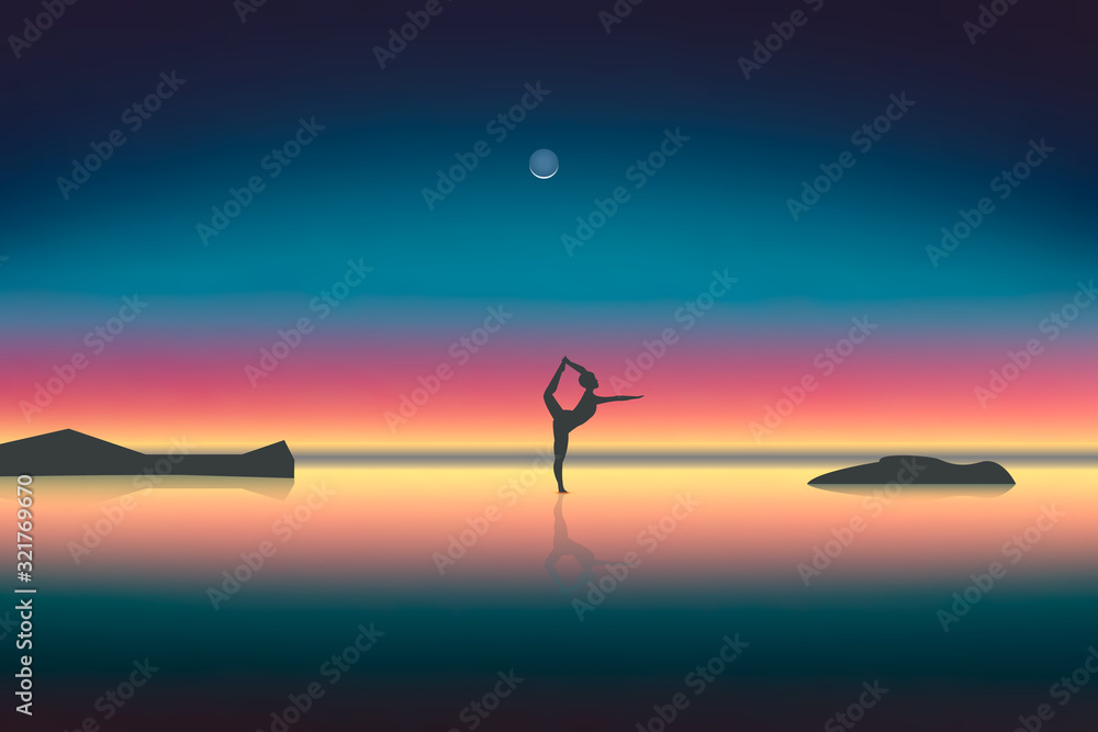 silhouette of a girl with a reflection on the sand, in a yoga stand on the beach or ocean on the background of a beautiful sunset. Theme of healthy lifestyle and relaxation.