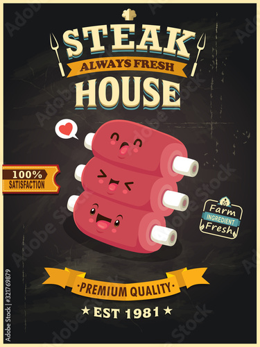 Vintage Meat poster design with vector ribs character. 
