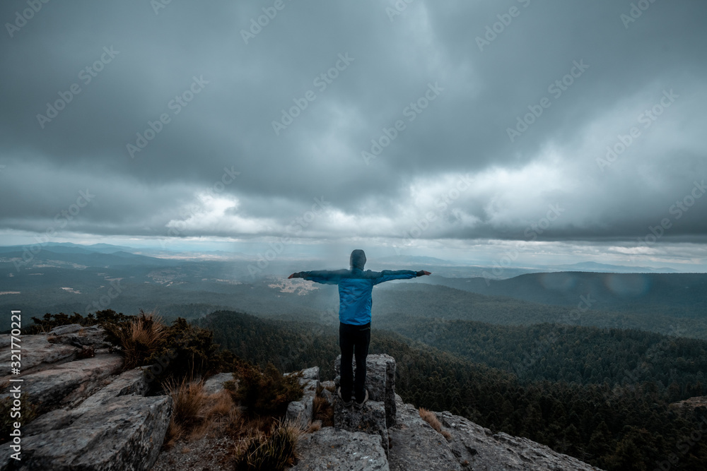 Obraz premium Adventurer on the edge of a cliff watching a wooded landscape, on a rocky mountain, rain clouds are seen in the background
