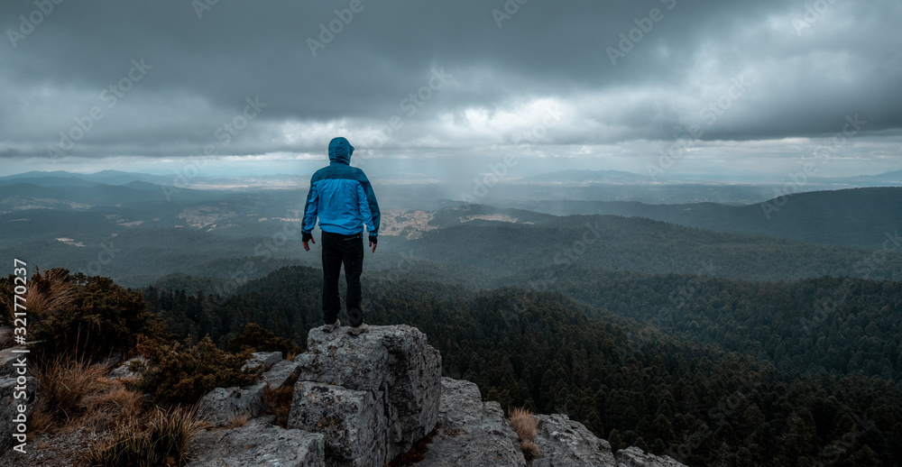 Obraz premium Adventurer on the edge of a cliff watching a wooded landscape, on a rocky mountain, rain clouds are seen in the background