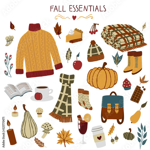 fall essentials hand drawn autumn objects with sweater, scarf, blanket, leaf, backpack, coffee, glint wine, pumpkins, pumpkin pie. cozy handdrawn thanksgiving illustration for scrapbook, stationary.