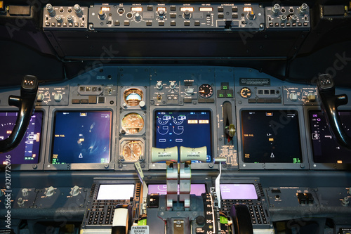 Cockpit controls of a 737 commercial airplane. Flight instruments.