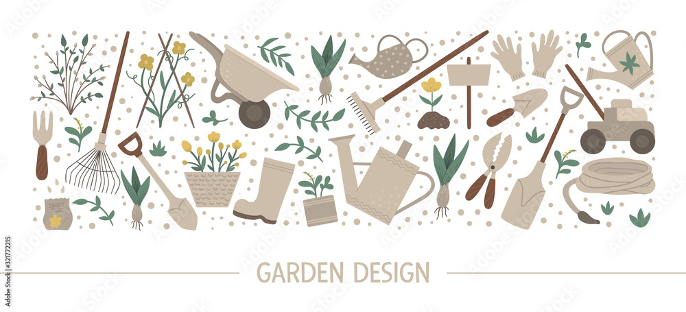 Vector horizontal layout set with garden tools, flowers, herbs, plants. Gardening equipment banner, party invitation or background. Cute funny spring card template..