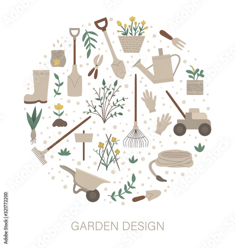 Vector round frame with garden tools, flowers, herbs, plants. Gardening equipment banner or party invitation framed in circle. Cute funny spring card template..