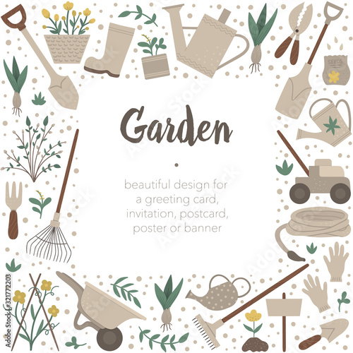 Vector square frame with garden tools, flowers, herbs, plants. Gardening equipment banner or party invitation. Cute funny spring card template..