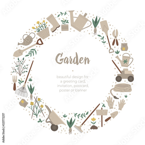 Vector round frame with garden tools, flowers, herbs, plants. Gardening equipment banner or party invitation framed in circle. Cute funny spring wreath card template..