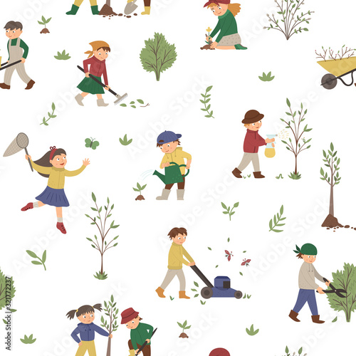 Vector seamless pattern with children doing garden work. Spring repeat background with kids and gardening tools. Texture with young gardeners planting tree, watering plants, raking..