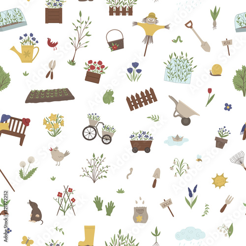 Vector seamless pattern with garden things, tools, flowers, herbs, plants. Repeat background with gardening equipment. Flat spring texture. .