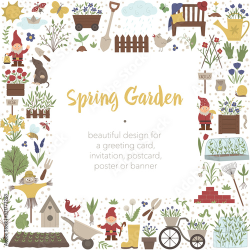 Vector square frame with springy garden tools, flowers, herbs, plants. Gardening elements banner or party invitation. Cute funny spring card template..
