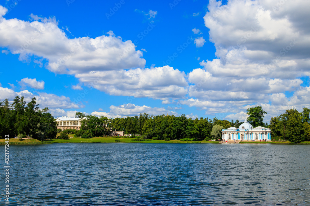 Grotto pavilion and Cameron gallery on a shore of Big Pond in Catherine park at Tsarskoye Selo in Pushkin, Russia
