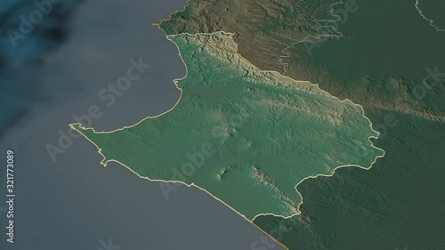 Santa Elena, province with its capital, zoomed and extruded on the relief map of Ecuador in the conformal Stereographic projection. Animation 3D photo