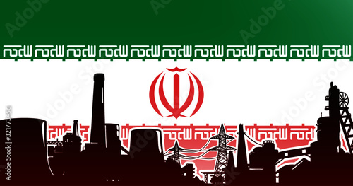 Industrial illustration for Iran - vector illustration, manufacturing concept colored red with nuclear power plant, factory and mine on flag background in colors green, red, white
